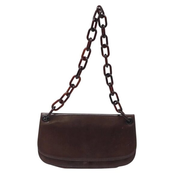 PRADA Chain Shoulder Bag Leather plastic Brown Silver Auth sw306